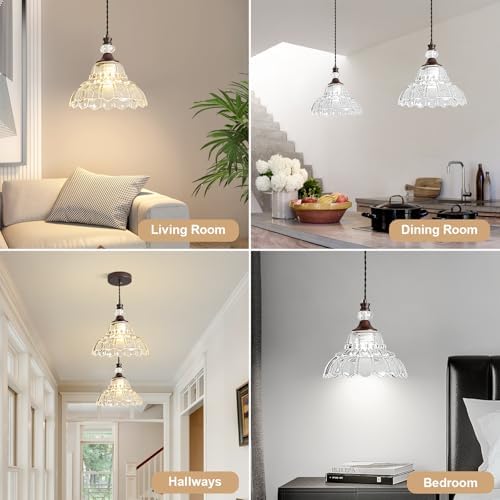 1 Piece Vintage Chandelier in Oil Rubbed Bronze Finish with Flower-Shaped Glass Shade, Retro Pendant Light for Kitchen, Hanging Light Fixture for Dining Room, Hallway, Living Room, Bedroom