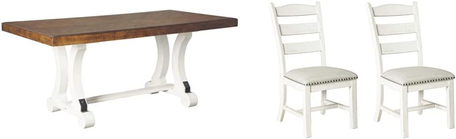 Signature Design by Ashley Valebeck Farmhouse Rectangular Extension Dining Table, Fits up to 8, White & Brown Valebeck Vintage Farmhouse Cushioned Dining Chair, 2 Count, Whitewash