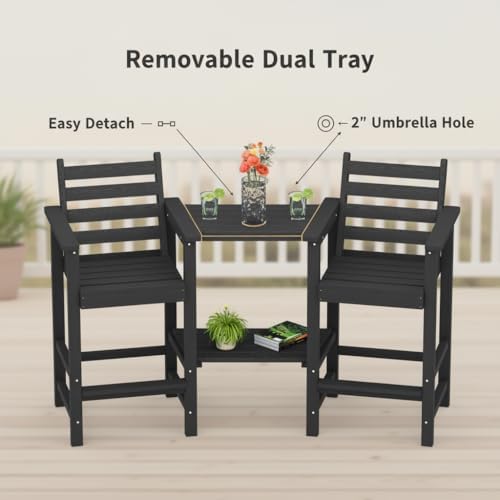 GLANC Tall Adirondack Chairs Set of 2, All Weather HDPE Bar Height Balcony Adirondack Chair with Removable Connecting Trays, Outdoor Adirondack Barstools for Deck Patio Pool Lawn, Black
