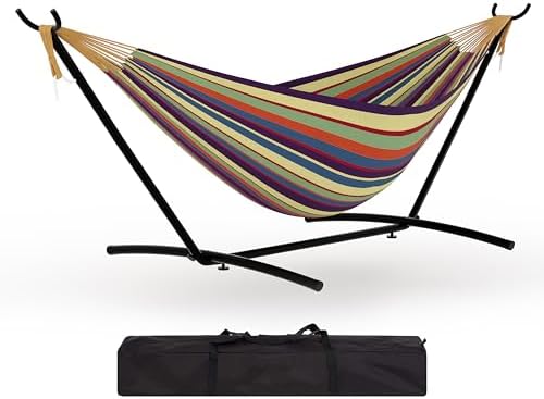 GarveeLife Instant-Setup 2-Person Hammock with Reinforced Steel Frame – Portable Outdoor Lounger for Garden, Camping & Beach (450 LB Capacity + Quick-Fold Carry Bag),Yellow Rainbow Stripe