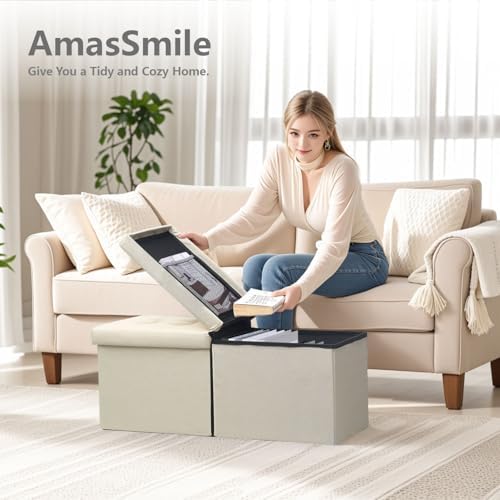 AmasSmile Footrest Ottoman Storage Bench,34" Linen Folding Chest,Beige