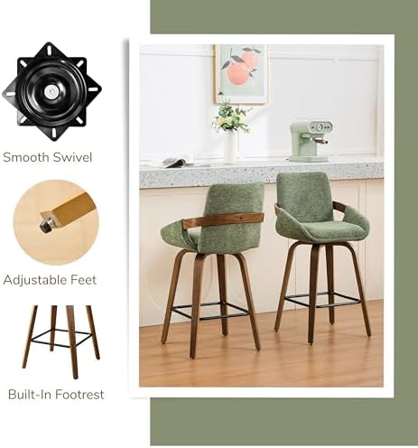 26" Swivel Counter Height Bar Stools Set of 2, Moss Green