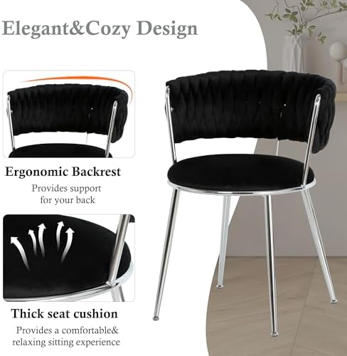 Modern Minimalism Circle Dining Table Set of 4, 36'' Round Tempered Glass Table Top with Silver Base & 4 Black Silver Velvet Dining Chairs, 5-Piece Dining Room Table Set (Easy Assembly)