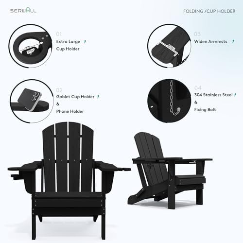 SERWALL Outdoor Adirondack Chair Set of 2 with Cup Holders,Foldable,Black