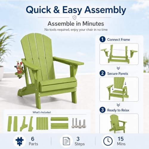 Folding Adirondack Chairs Set of 6 with Cup Holders, Heavy Duty HDPE Plastic Outdoor Chairs, Weather Resistant Heavyweight Patio Furniture Set for Deck, Fire Pit, Backyard, Apple Green
