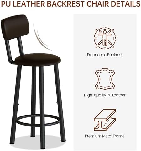 Kitchen Dining Table Set for 2, Bar Table and Chairs Set with 3 Storage Shelves, Tall Dining with 2 PU Leather Backrest Stools for Small Space, Kitchen Island, Apartment, Brown