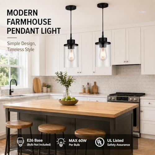 Black Farmhouse Clear Glass Cylinder Pendant Light, Modern Hanging Fixture (3 Pack)