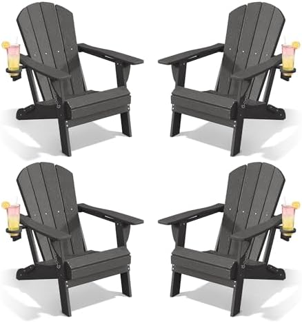 AreShark HDPE Folding Adirondack Chair with Cup Holder, Set of 4, Gray