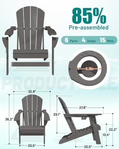 PLUUV Adirondack Chair Set of 2, Fire Pit Chairs with Cup Holder, Grey