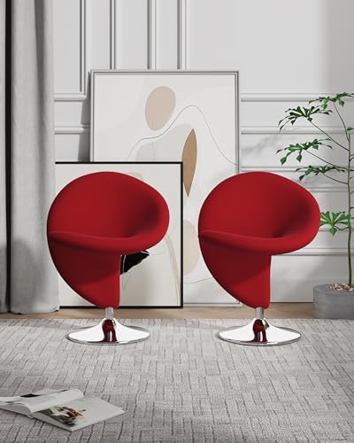 Manhattan Comfort Curl Mid Century Modern Wool Blend Upholstered Living Room Swivel Accent Chair with Chrome Metal Base, Set of 2, Red