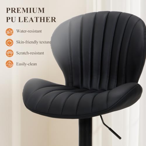 COLAMY Bar Stools Set of 3,Swivel Adjustable Height Leather Bar Chair,Black