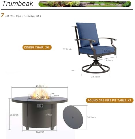 7 Piece Metal Outdoor Patio Furniture Set with 48"/55000 BTU Round Fire Pit Table,Outdoor Dining Table Set 6 Swivel Chairs No-Slip Cushions and Waterproof Covers,Navy