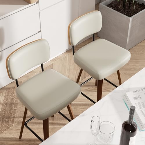 Swivel Bar Stools Set of 3, 26" Upholstered Faux Leather Counter Height Barstools with Walnut Back & Bentwood Legs, Mid Century Modern Bar Chairs Island Stools for Kitchen Counter, Beige Grey