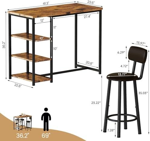 Kitchen Dining Table Set for 2, Bar Table and Chairs Set with 3 Storage Shelves, Tall Dining with 2 PU Leather Backrest Stools for Small Space, Kitchen Island, Apartment, Brown