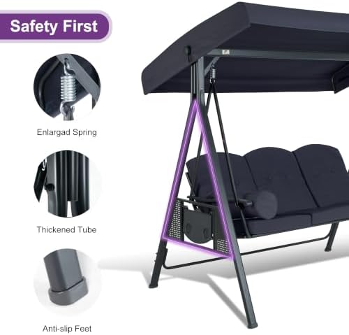 PURPLE LEAF Outdoor Swing 3-Seat with Adjustable Canopy, Navy
