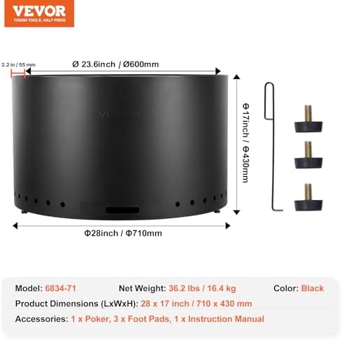 VEVOR Smokeless Fire Pit Stove Bonfire, H: 17 in x Dia: 28 in,Wood Burning Fireplaces with Removable Ash Pan, SUS430 Stainless Steel Inner Portable Outdoor Firepit,for Outdoor Patio Camping, Black