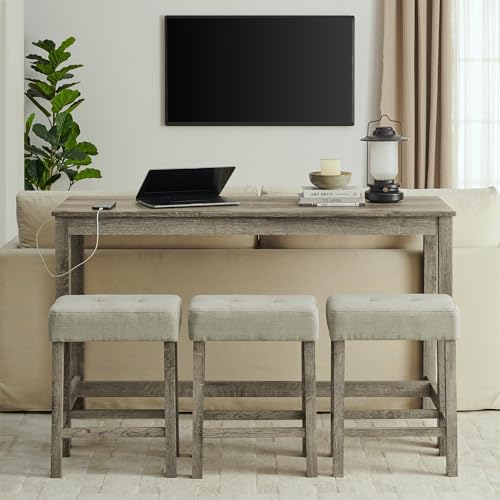 Merax 59" Bar Table Set with Power Outlet,Industrial Breakfast Table with 3 Upholstered Stools w/Footrest,4 Piece Counter Height Bar Table and Chair Set for Living Room,Dining Room,Kitchen,Brown