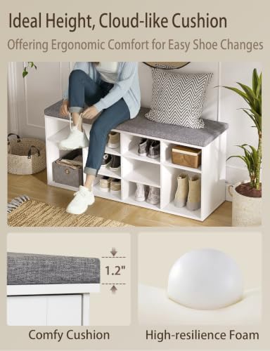 DINZI LVJ Shoe Storage Bench with Cushion, 40.9" Cubby Shoe Rack, 12-Cubby