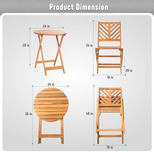 Werph 3-Piece Acacia Wood Patio Set, Foldable Bistro Table and Chairs Set