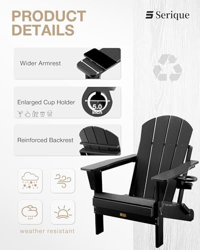 Folding Adirondack Chair, Wood Texture, Weather Resistant(Black)