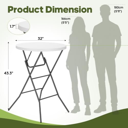 32" Round Folding Table, Portable Bar Height Folding Table with Detachable Legs, Round Foldable Table with HDPE Top for Standing Parties, Balcony, Event, Indoor Outdoor Use (White, 2 Pack)