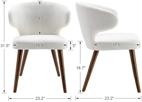 HNY Mid Century Modern Sherpa Boucle Dining Chairs Set of 6, Upholstered Curved Wingback Accent Arm Chairs Side Chairs with Solid Wood Legs, White