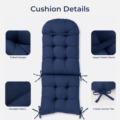 Rocking Chair Cushions Set of 2, Outdoor Thick Adirondack Chair Cushions, High Back Seat Pads for Porch Patio Chairs, Water & Fade Resistant Replacement Patio Furniture Cushion with Ties, Navy Blue