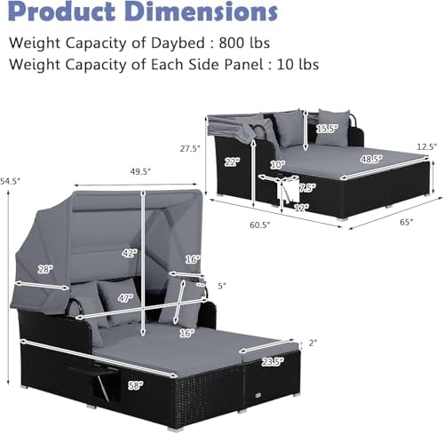 Tangkula Patio Rattan Daybed with Retractable Canopy, Outdoor Wicker Sunbed Lounger with 2 Foldable Side Tables, Thick Seat & Back Cushions, Outside Double Daybed for Garden, Backyard, Porch (Grey)