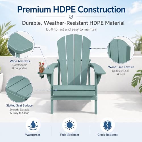 Folding Adirondack Chairs Set of 4 with Cup Holders, Heavy-Duty HDPE Plastic Outdoor Chairs, All-Weather Resistant Patio Conversation Set for Backyard, Deck, Fire Pit, Aruba Blue