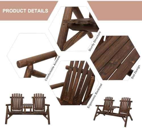 Outsunny 2-Seat Wooden Adirondack Chair Patio Bench with Table Carbonized