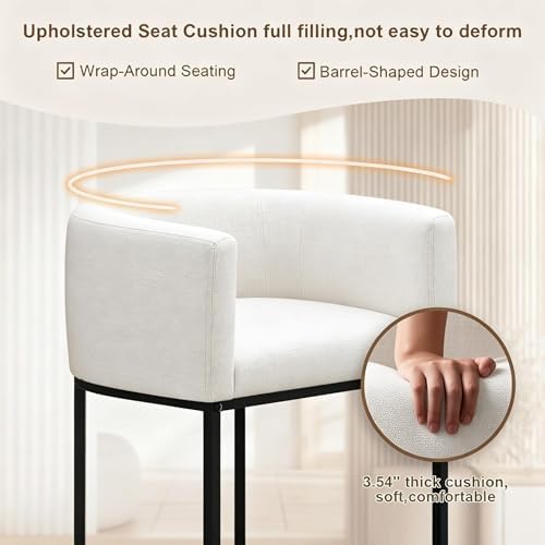26" H Counter Height Bar Stools Set of 3, Modern Barrel Counter Stools with Backrest and Arms, Linen Fabric Upholstered Accent Barstools for Kitchen Island,Support 450 LBS (White)