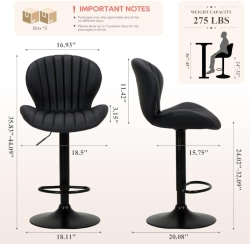 COLAMY Bar Stools Set of 3,Swivel Adjustable Height Leather Bar Chair,Black