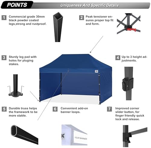 ABCCANOPY Heavy Duty Easy Pop up Canopy Tent with Sidewalls 10x15, Navy Blue