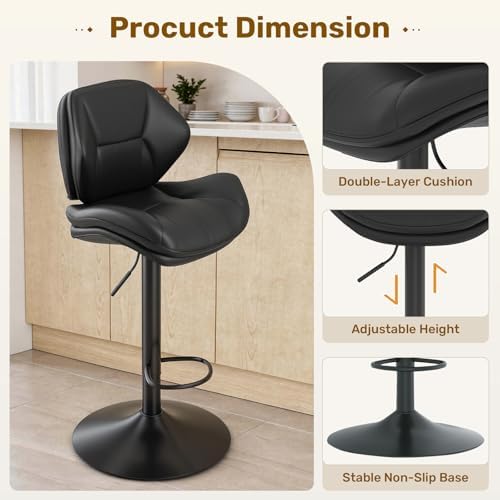 Nalupatio Swivel Bar Stools Set of 2, Double-Layer Filled Upholstered Bar Stools with Back, Adjustable Height Barstools, Faux Leather for Kitchen Island (Black)
