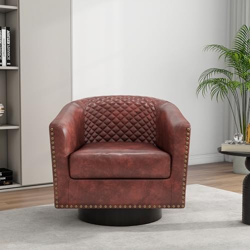 Faux Leather Swivel Accent Chair, Barrel Club Armchair, Red Brown