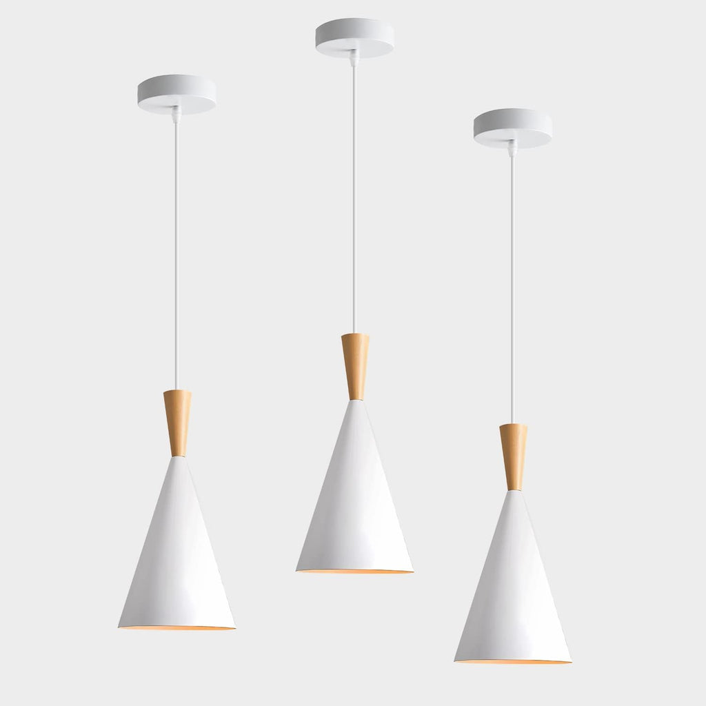 KCO 3 Pack Farmhouse White Conical Metal Pendant Lights with Natural Wood
