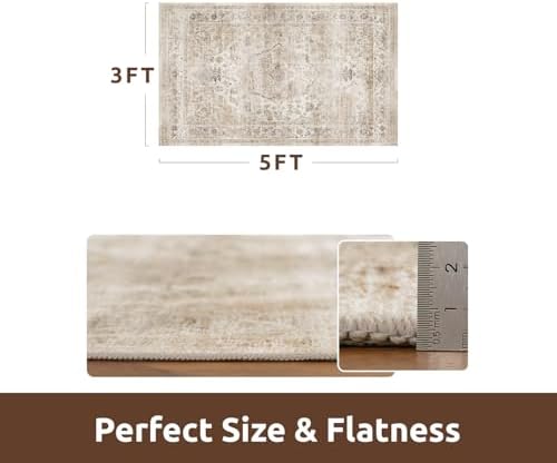 AMOAMI-3X5 Area Rug-Soft Washable Vintage Throw Accent Rugs for Living Room, Entryway, Bedroom, Kitchen, Bathroom, Laundry Room, Kitchen, Bathroom, Bedside, No Slip Beige