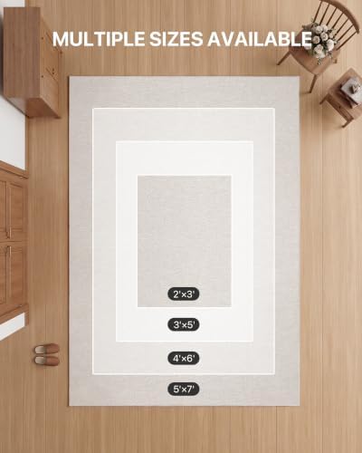Door Mat Indoor Entrance, 5' x 7' Ultra Thin Non Slip Large Doormat with Rubber Backing, Low Profile Easy Clean Dirt Trapper Mat for Entryway Front Door Patio Porch, Beige