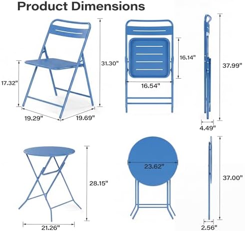 LAUSAINT HOME 3-Piece Folding Steel Bistro Set,Round, Blue
