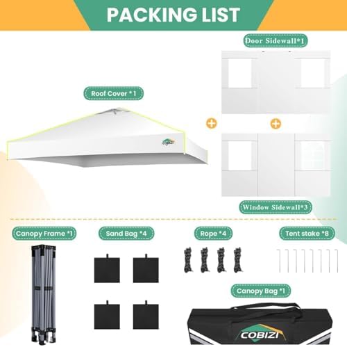COBIZI 10x10 Pop Up Canopy - One Push Setup Tent, Glow Strips, 4 Sidewalls