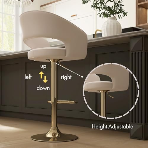 Hyfirm Set of 2 Beige PU Leather Swivel Adjustable Bar Stools Gold Base