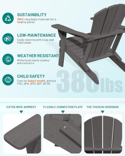 PLUUV Adirondack Chair Set of 2, Fire Pit Chairs with Cup Holder, Grey