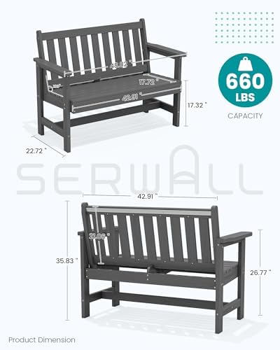 SERWALL HDPE Outdoor Bench, Weatherproof Porch Bench, 1 Pack, Grey