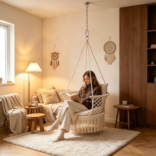 Athena Collection Macrame Hammock Chair with Mounting Hardware Kit, Beige