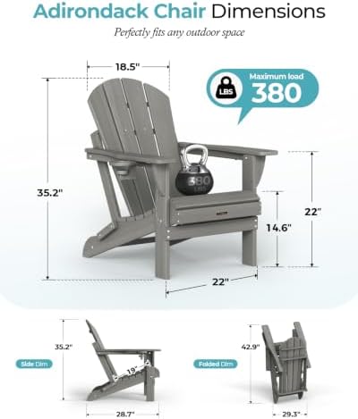 Ciokea Folding Adirondack Chairs Set of 2 with Cup Holder, HDPE, Grey
