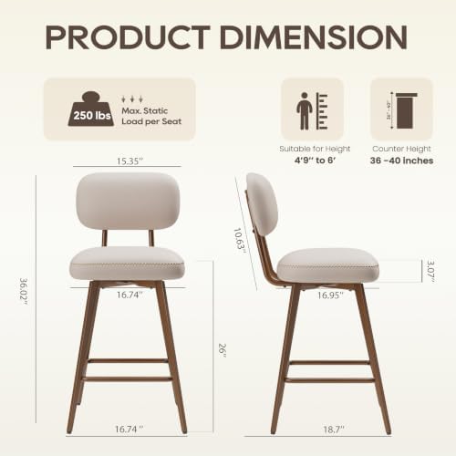 MALOL 26“ PU Leather Swivel Bar Stools Set of 3, Beige