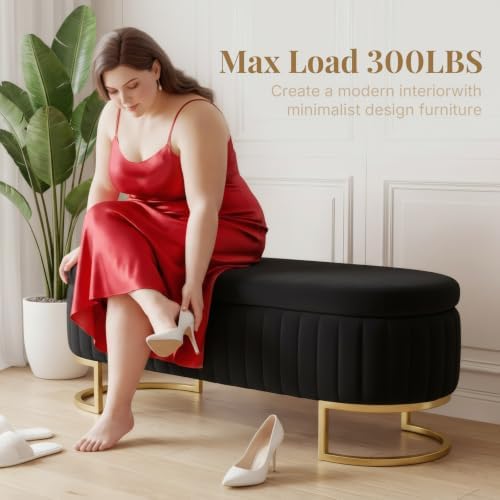 Velvet Storage Bench for Queen Size Bed, 46'' Black Oval Ottoman, Gold Legs
