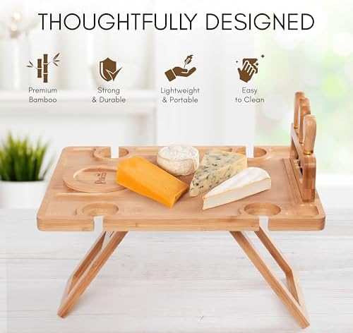 Charcuterie Picnic Table with Wine Glass Holder, Portable Wine & Cheese Board, 4-Piece Cheese Knife Set (Gold) w/Detachable Knife Stand, Bamboo Charcuterie Table, Hosting & Wine Gift