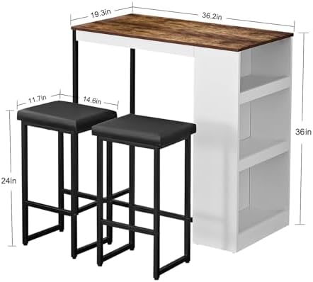 Panana 3 Piece Dining Table Set Kitchen Bar Table with Two Stool Storage Shelves Wood Counter Height Table Top with Sew Kerf Finish Dining Room Home