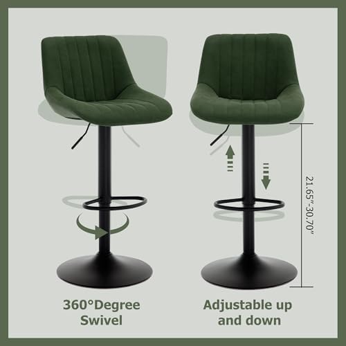 Barstools Set of 3, Adjustable PU Leather Swivel Bar Height Stools with Back, Armless Upholstered Counter Height Stools, Modern Adjustable Bar Chairs for Kitchen Island/Cafe/Dining Green